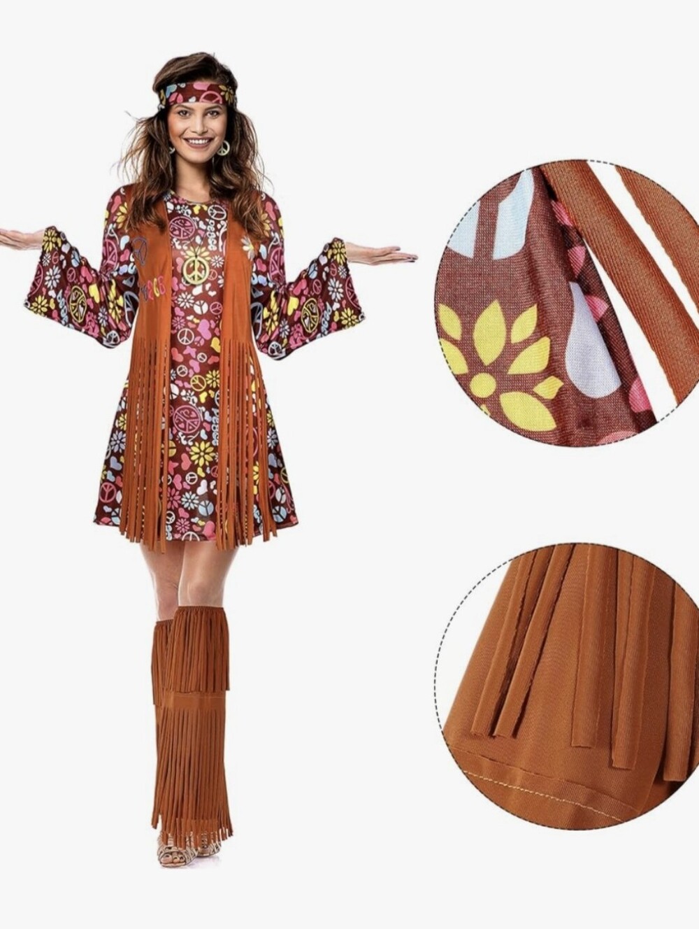 Halloween Costume Womens Retro Floral Peace Sign Hippie 60's 70's Dress & Access